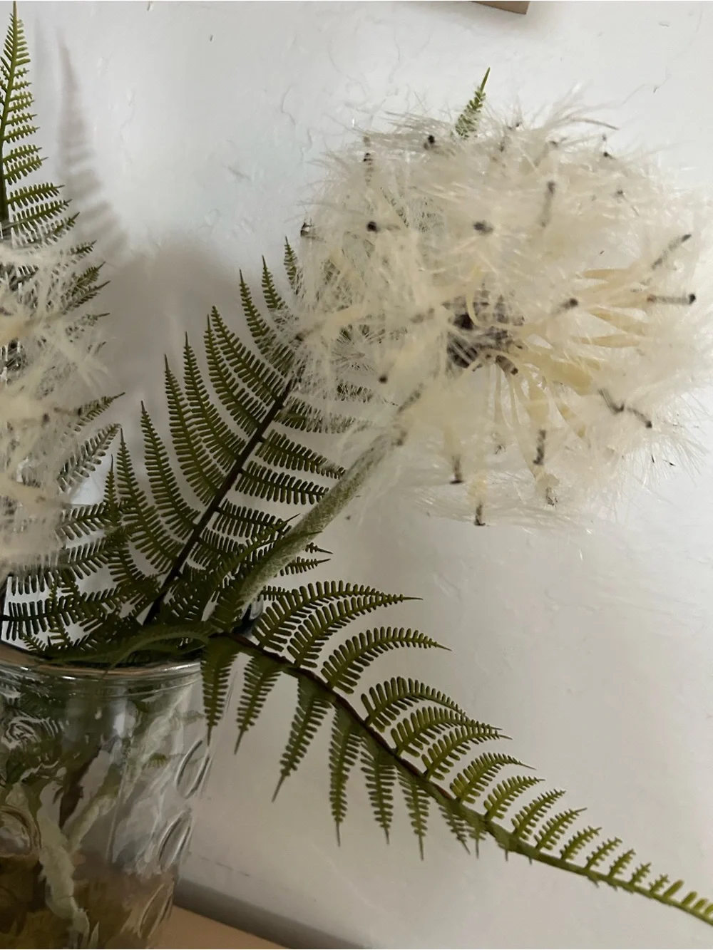 Neutral White faux Dandelion & Fern Arrangement vase moss whimsical boho rustic